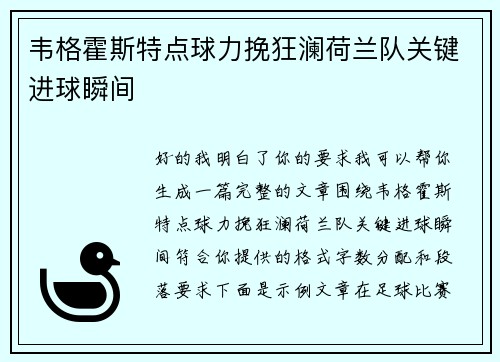 韦格霍斯特点球力挽狂澜荷兰队关键进球瞬间